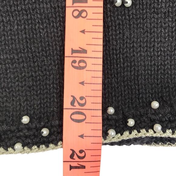 TIARA Vintage 90s Embroidered Knit Cardigan Women L Black Retro Unique Old Money - Picture 10 of 10